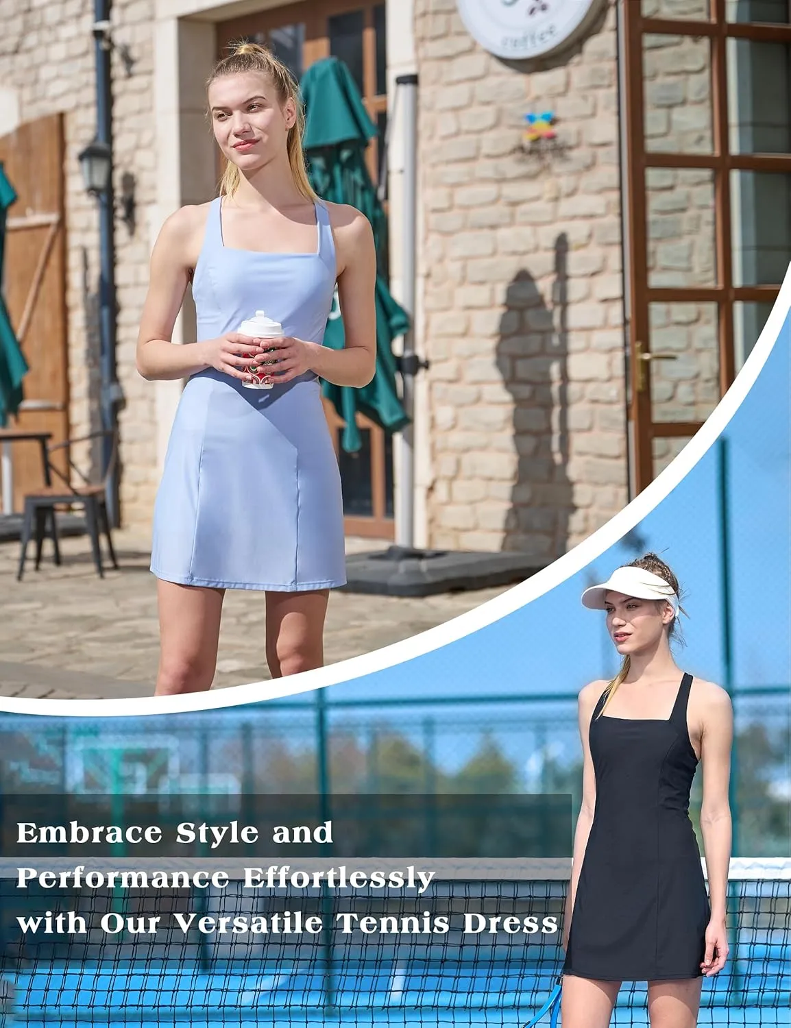 EZRUN Womens Square Neck Tennis Dress Built in Shorts and Bra Athletic Golf Dress with Pockets for Summer