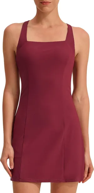 EZRUN Womens Square Neck Tennis Dress Built in Shorts and Bra Athletic Golf Dress with Pockets for Summer