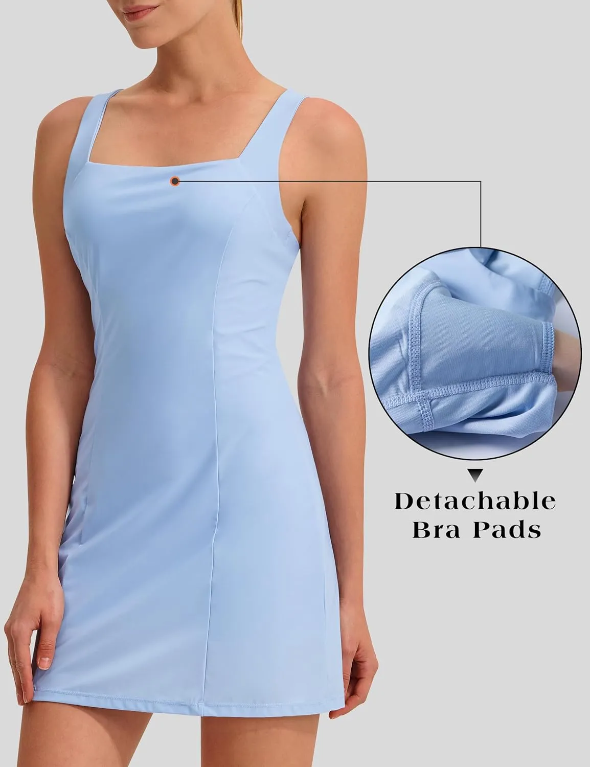 EZRUN Womens Square Neck Tennis Dress Built in Shorts and Bra Athletic Golf Dress with Pockets for Summer