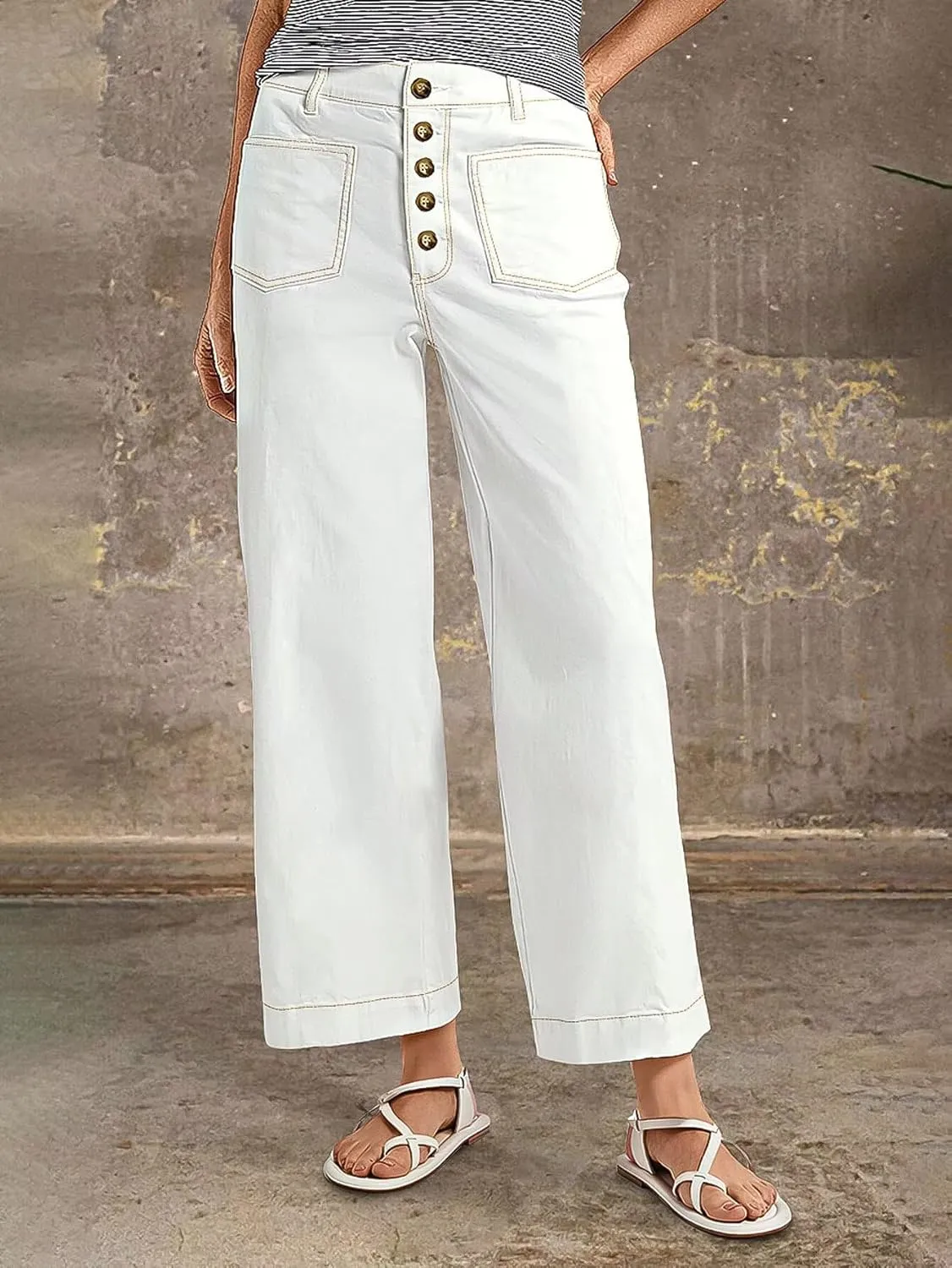 Flamingals High Waisted Wide Leg Cropped Jeans for Women Stretchy Button Fly Baggy Jeans Trendy with Patch Pockets