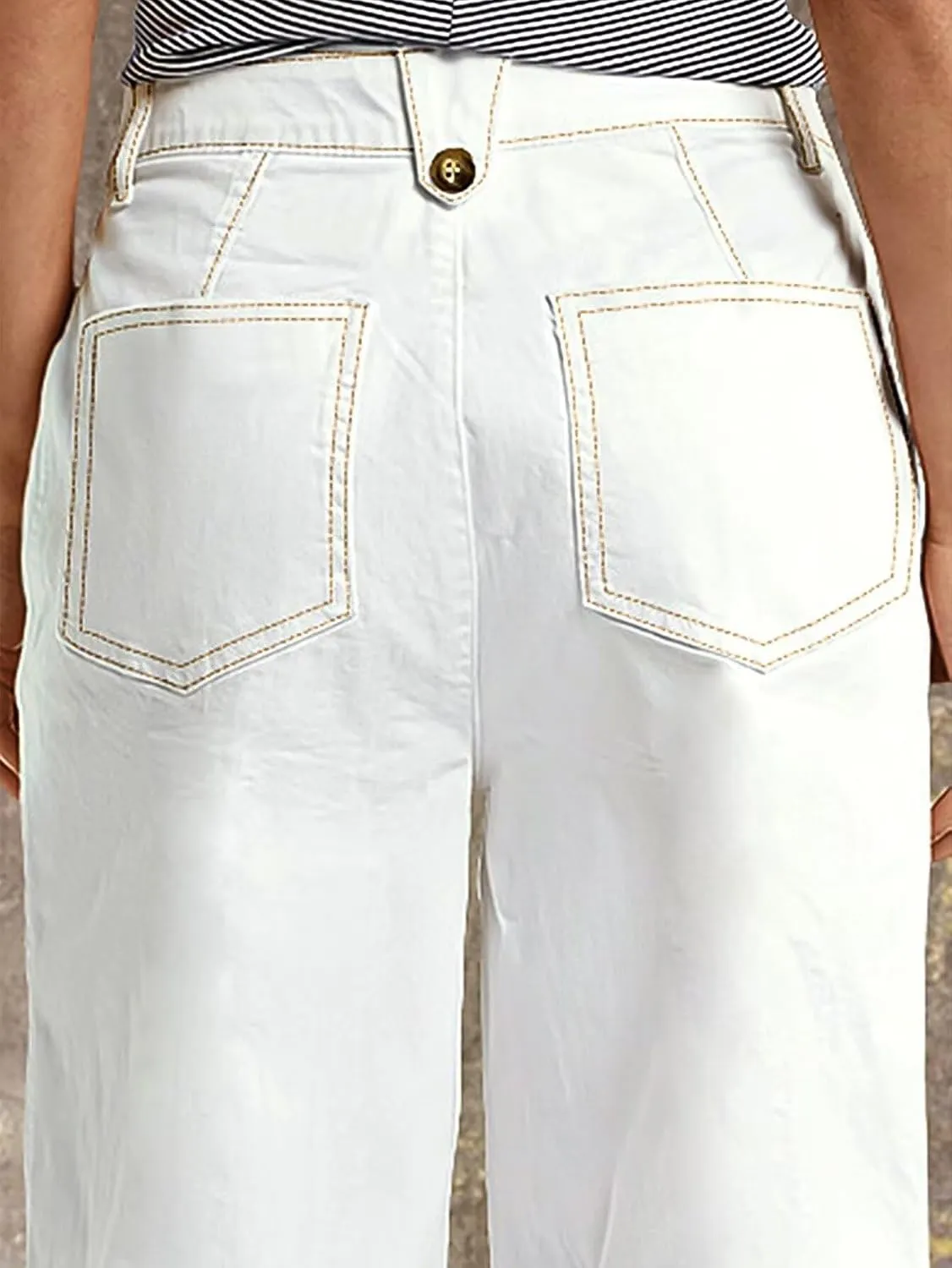 Flamingals High Waisted Wide Leg Cropped Jeans for Women Stretchy Button Fly Baggy Jeans Trendy with Patch Pockets