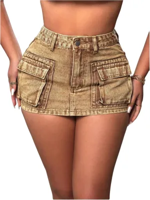 Floerns Women's High Waisted Cargo Denim Skirt Bodycon Mini Jean Skirts with Pocket
