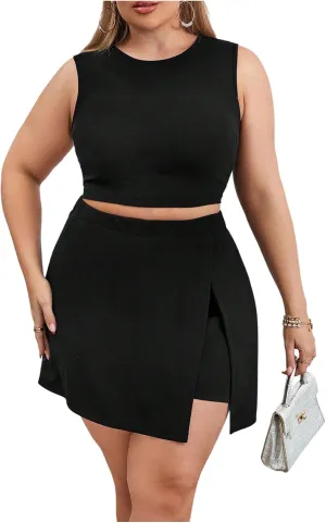Floerns Women's Plus Size 2 Piece Outfit Crew Neck Crop Tank Top and Slit Skort Set