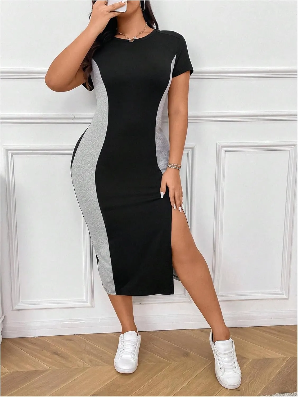 Floerns Women's Plus Size Colorblock Split Pencil Dress Crew Neck Short Sleeve Midi Dresses