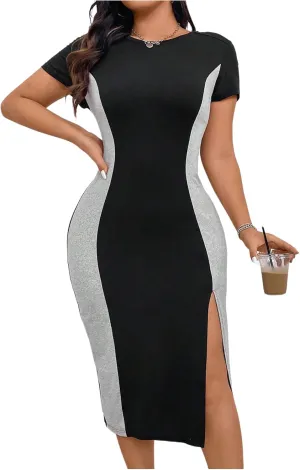 Floerns Women's Plus Size Colorblock Split Pencil Dress Crew Neck Short Sleeve Midi Dresses