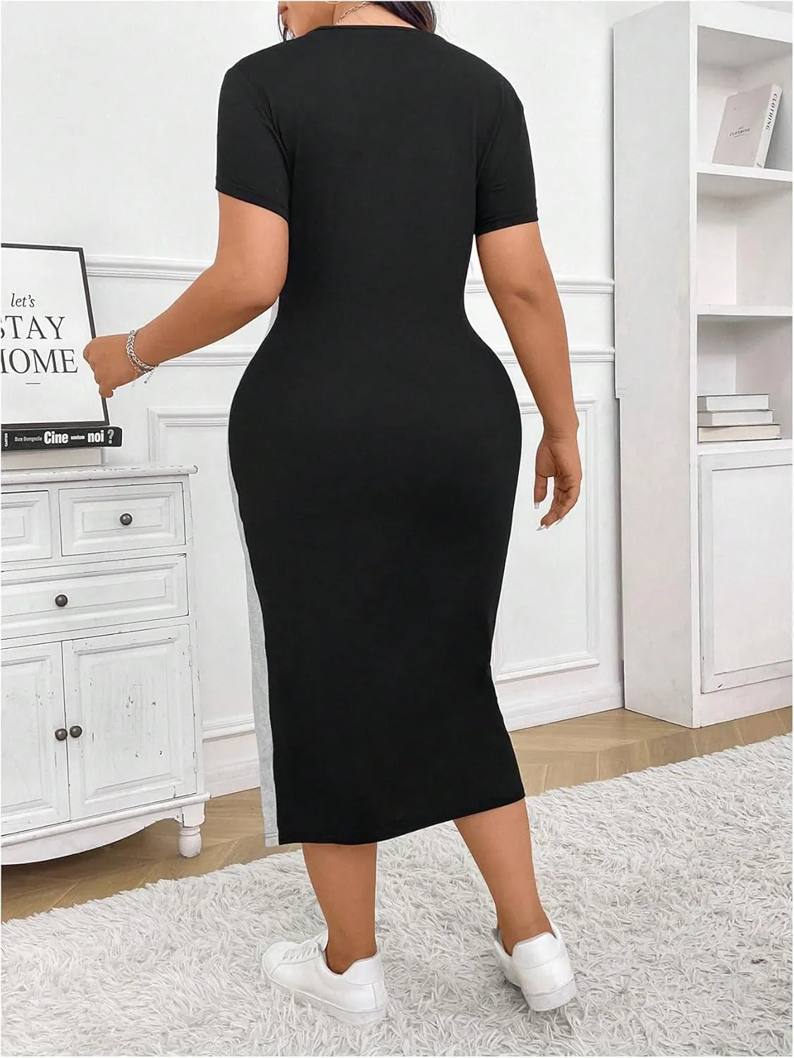 Floerns Women's Plus Size Colorblock Split Pencil Dress Crew Neck Short Sleeve Midi Dresses