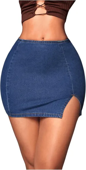 Floerns Women's Split Hem High Waisted Denim Skirt Party Club Bodycon Mini Jean Skirts