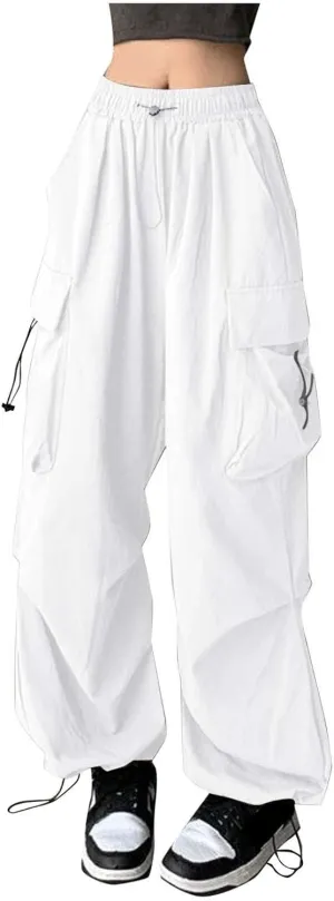 Girls&Womens High Waist Parachute Pants Cargo Trousers with Pockets Loose Baggy Hiking Pants Adjustable
