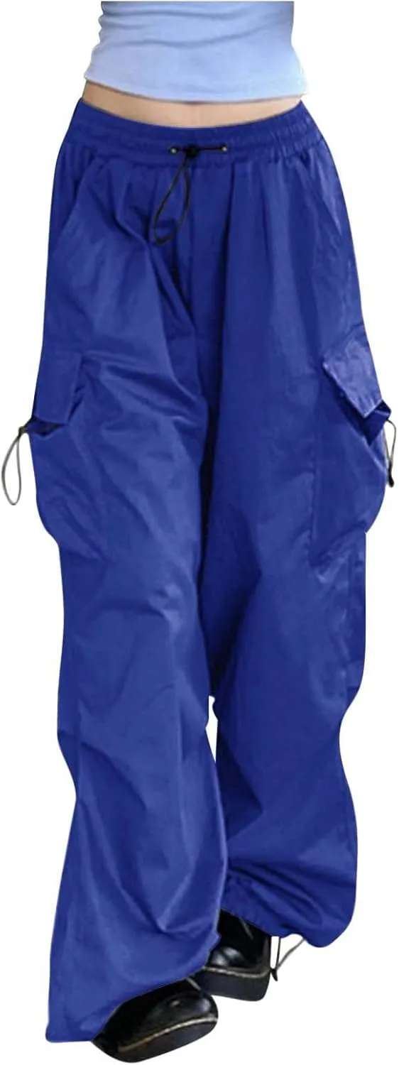 Girls&Womens High Waist Parachute Pants Cargo Trousers with Pockets Loose Baggy Hiking Pants Adjustable