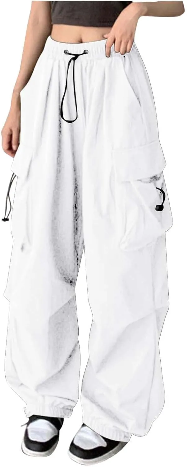 Girls&Womens High Waist Parachute Pants Cargo Trousers with Pockets Loose Baggy Hiking Pants Adjustable