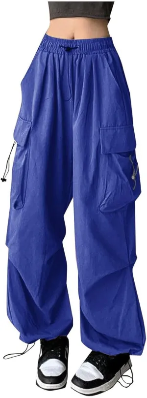Girls&Womens High Waist Parachute Pants Cargo Trousers with Pockets Loose Baggy Hiking Pants Adjustable