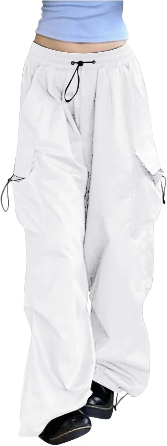 Girls&Womens High Waist Parachute Pants Cargo Trousers with Pockets Loose Baggy Hiking Pants Adjustable