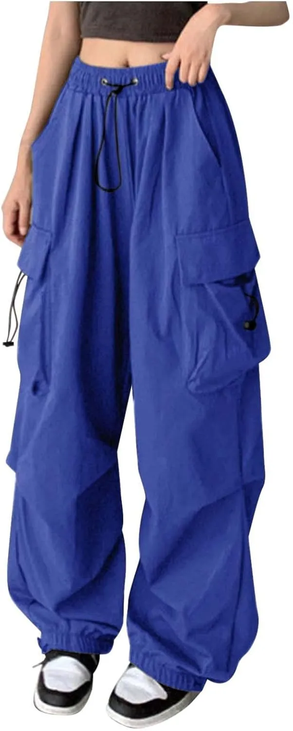 Girls&Womens High Waist Parachute Pants Cargo Trousers with Pockets Loose Baggy Hiking Pants Adjustable
