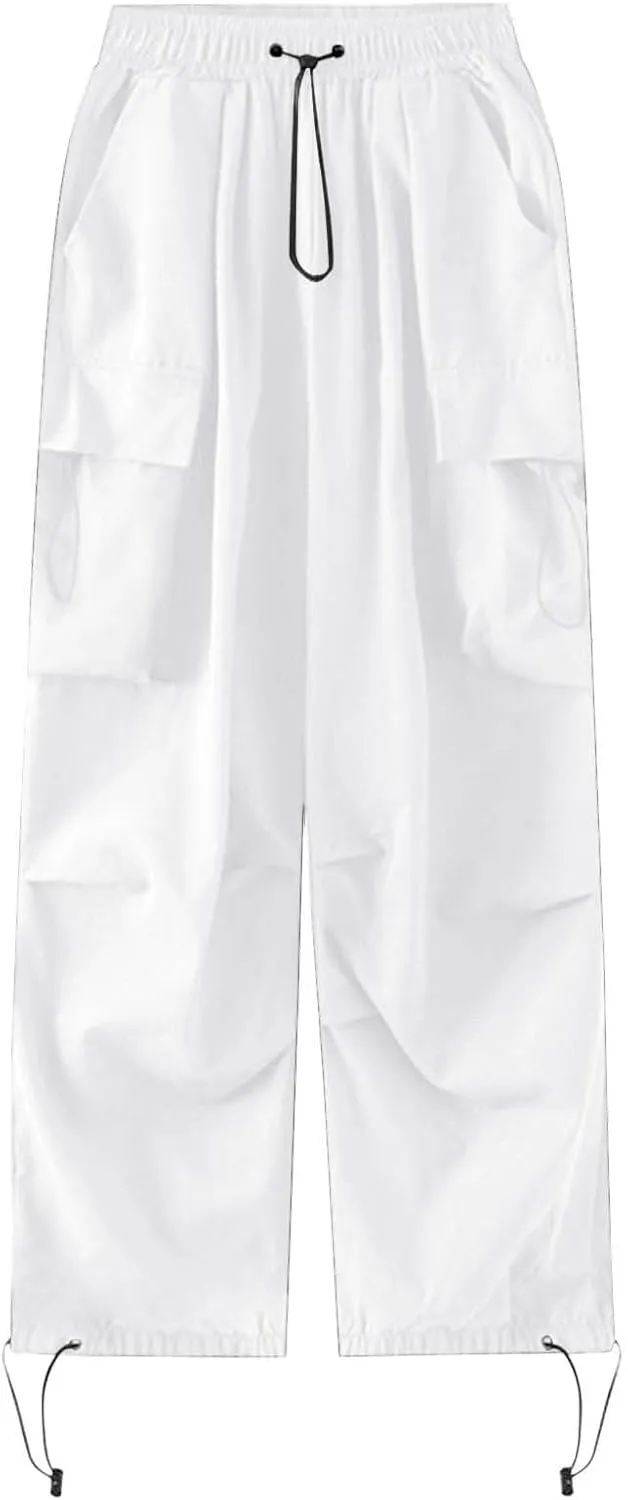 Girls&Womens High Waist Parachute Pants Cargo Trousers with Pockets Loose Baggy Hiking Pants Adjustable