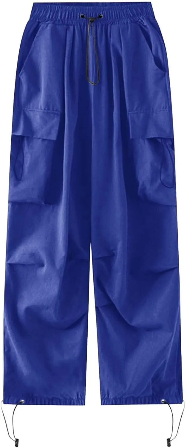 Girls&Womens High Waist Parachute Pants Cargo Trousers with Pockets Loose Baggy Hiking Pants Adjustable