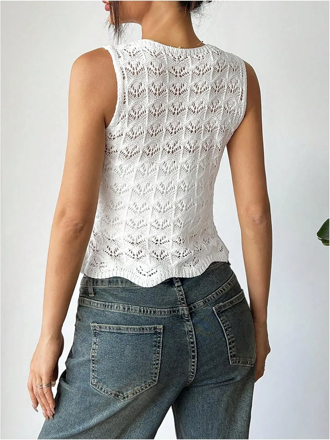 GORGLITTER Women's Crochet Vest Pointelle Top Hollow Out Tie Front Deep V Neck Tank Tops Trendy 2025