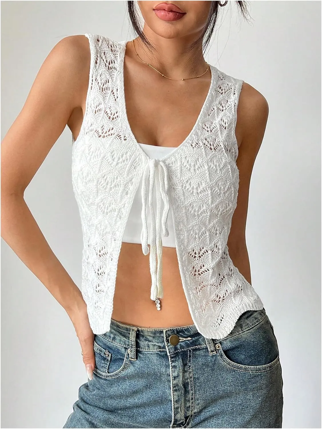 GORGLITTER Women's Crochet Vest Pointelle Top Hollow Out Tie Front Deep V Neck Tank Tops Trendy 2025