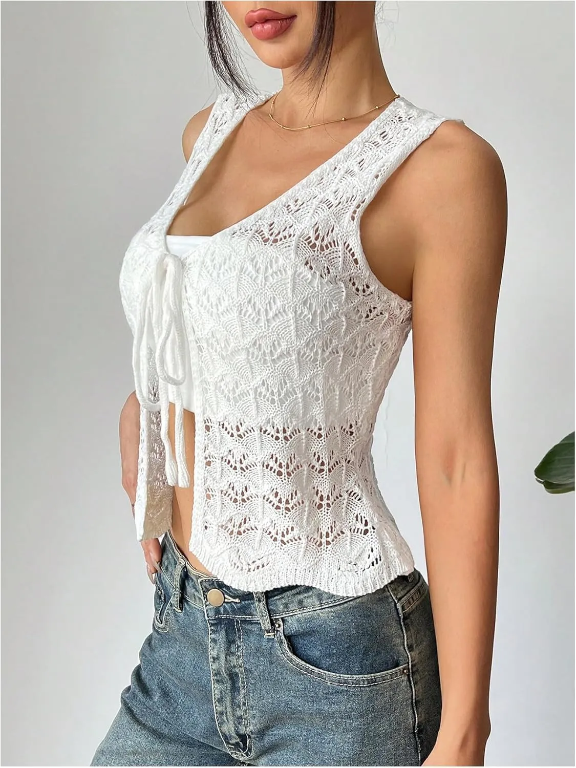 GORGLITTER Women's Crochet Vest Pointelle Top Hollow Out Tie Front Deep V Neck Tank Tops Trendy 2025