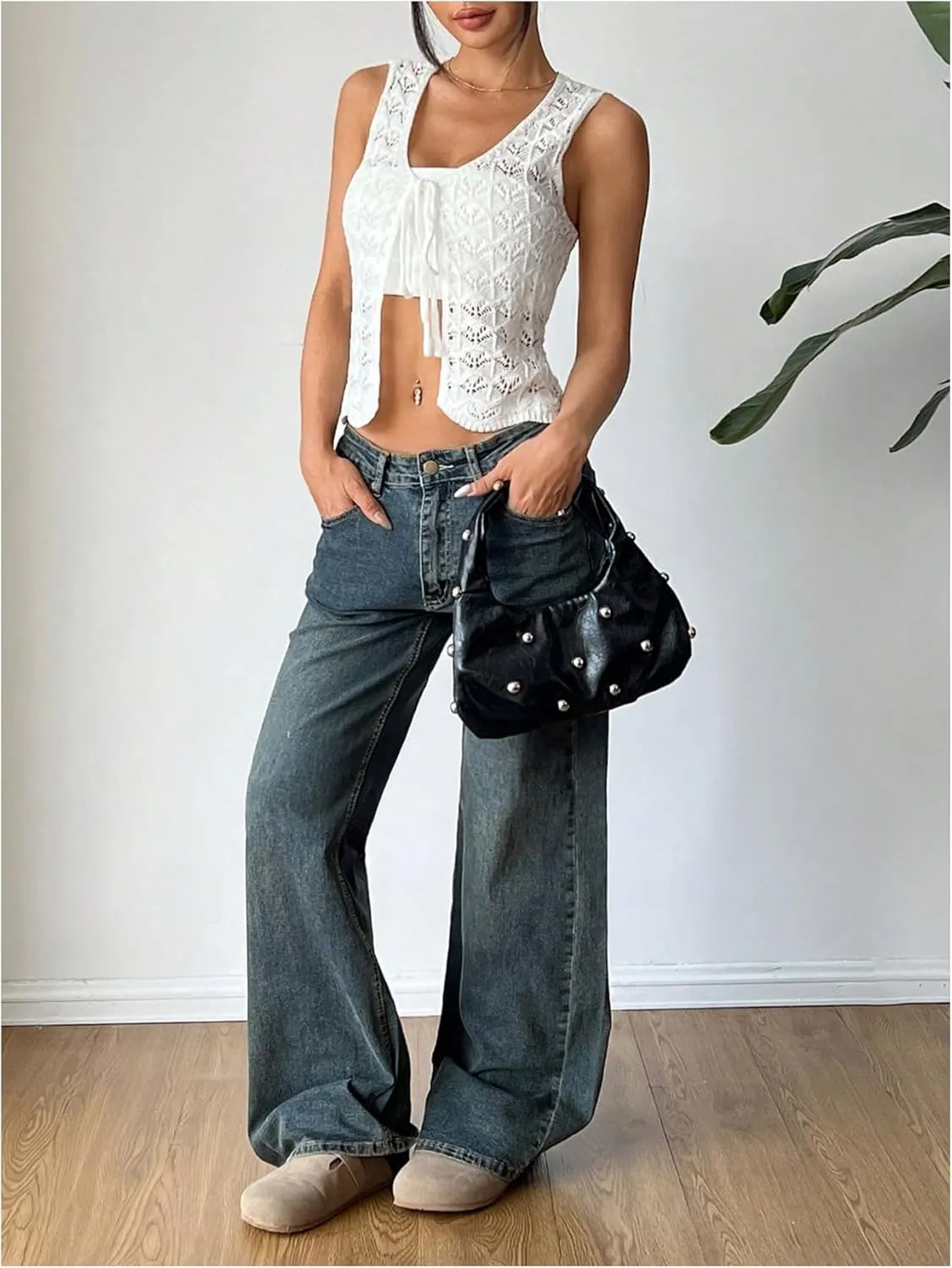 GORGLITTER Women's Crochet Vest Pointelle Top Hollow Out Tie Front Deep V Neck Tank Tops Trendy 2025