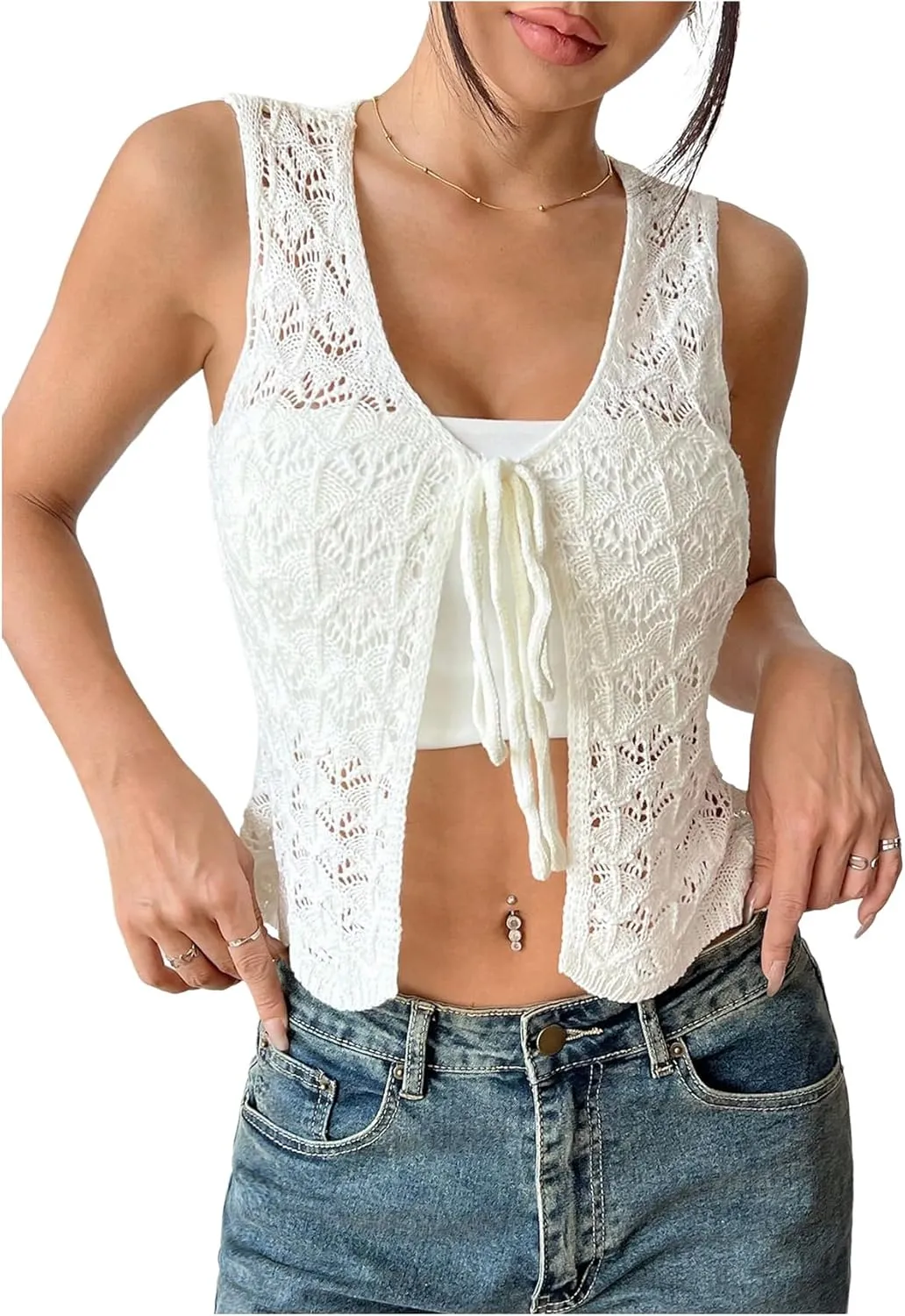GORGLITTER Women's Crochet Vest Pointelle Top Hollow Out Tie Front Deep V Neck Tank Tops Trendy 2025