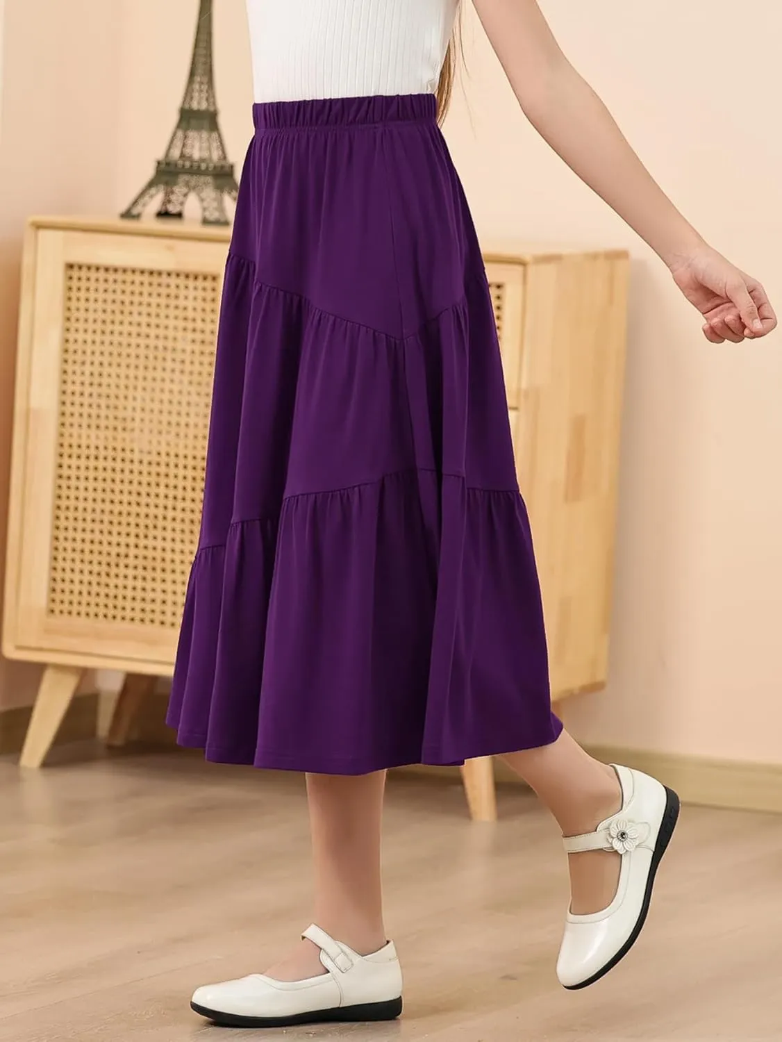GORLYA Girls Holiday Casual Asymmetrical Tiered Ruffle Hem Long Swing Boho Fancy Maxi Skirt 6-14Y