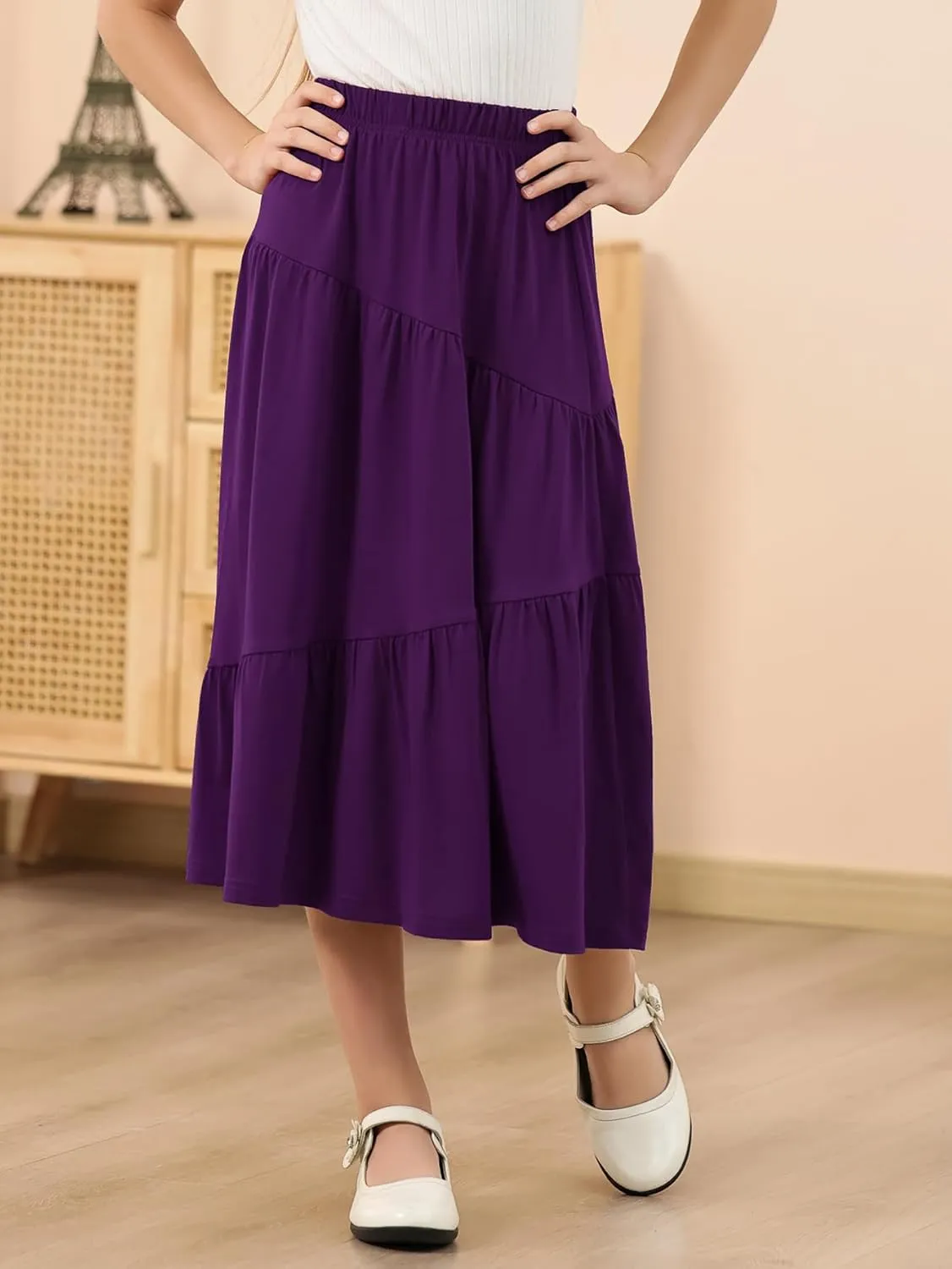 GORLYA Girls Holiday Casual Asymmetrical Tiered Ruffle Hem Long Swing Boho Fancy Maxi Skirt 6-14Y