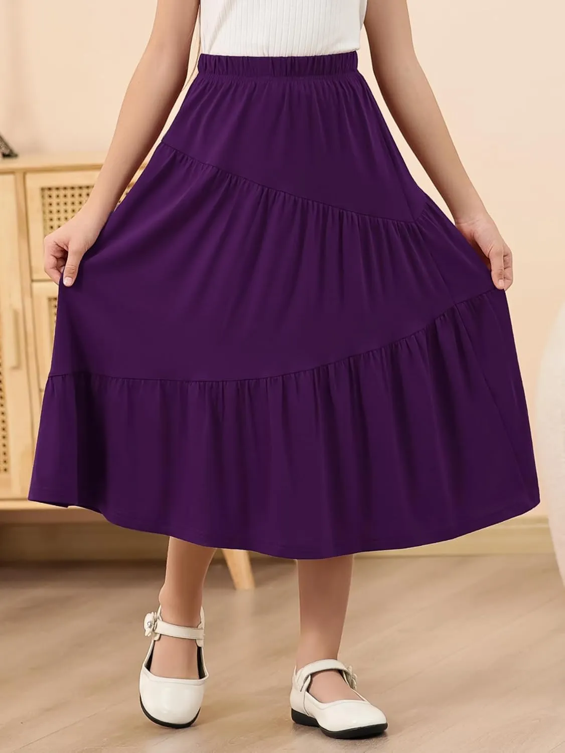 GORLYA Girls Holiday Casual Asymmetrical Tiered Ruffle Hem Long Swing Boho Fancy Maxi Skirt 6-14Y