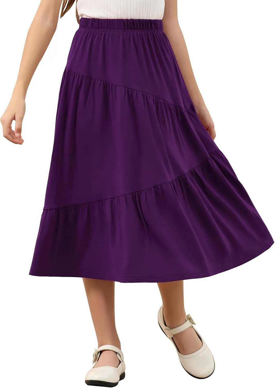 GORLYA Girls Holiday Casual Asymmetrical Tiered Ruffle Hem Long Swing Boho Fancy Maxi Skirt 6-14Y