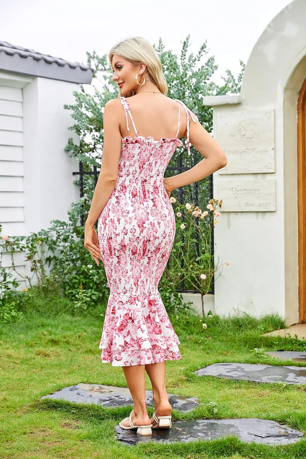 GRACE KARIN Women's 2024 Maternity Summer Floral Smocked Sundress Midi Bodycon Sleeveless Ruffle Hem Casual Dress
