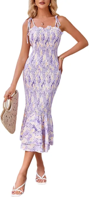 GRACE KARIN Women's 2024 Maternity Summer Floral Smocked Sundress Midi Bodycon Sleeveless Ruffle Hem Casual Dress