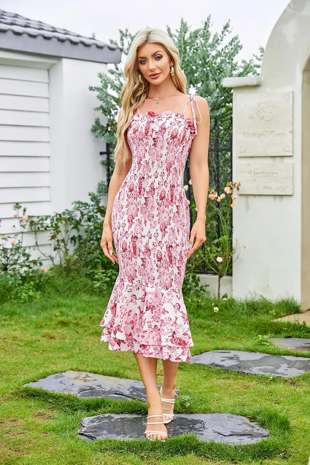 GRACE KARIN Women's 2024 Maternity Summer Floral Smocked Sundress Midi Bodycon Sleeveless Ruffle Hem Casual Dress
