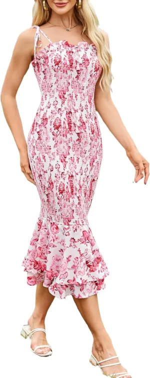 GRACE KARIN Women's 2024 Maternity Summer Floral Smocked Sundress Midi Bodycon Sleeveless Ruffle Hem Casual Dress