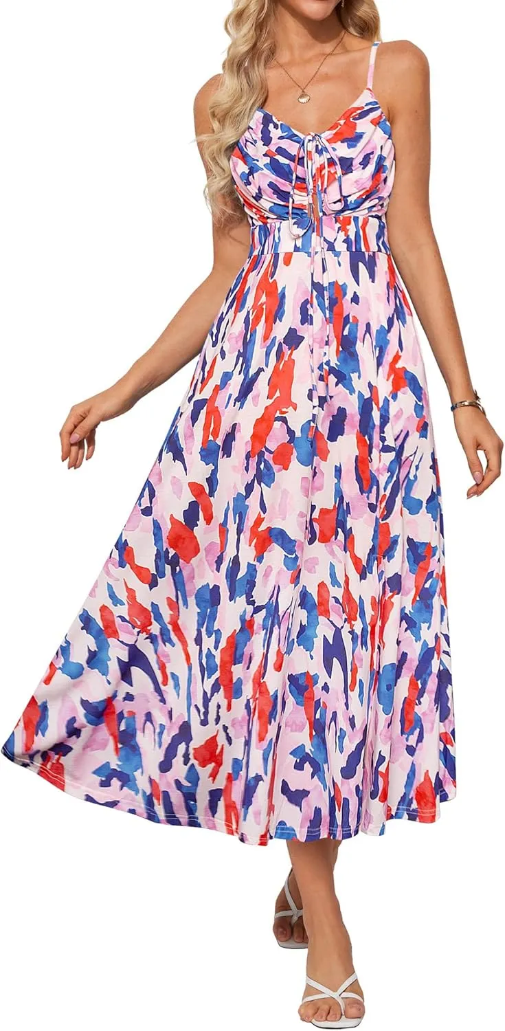 GRACE KARIN Womens 2025 Summer Beach Dress Boho Floral Dresses Spaghetti Strap V Neck Flowy Maxi Long Sundress with Pockets