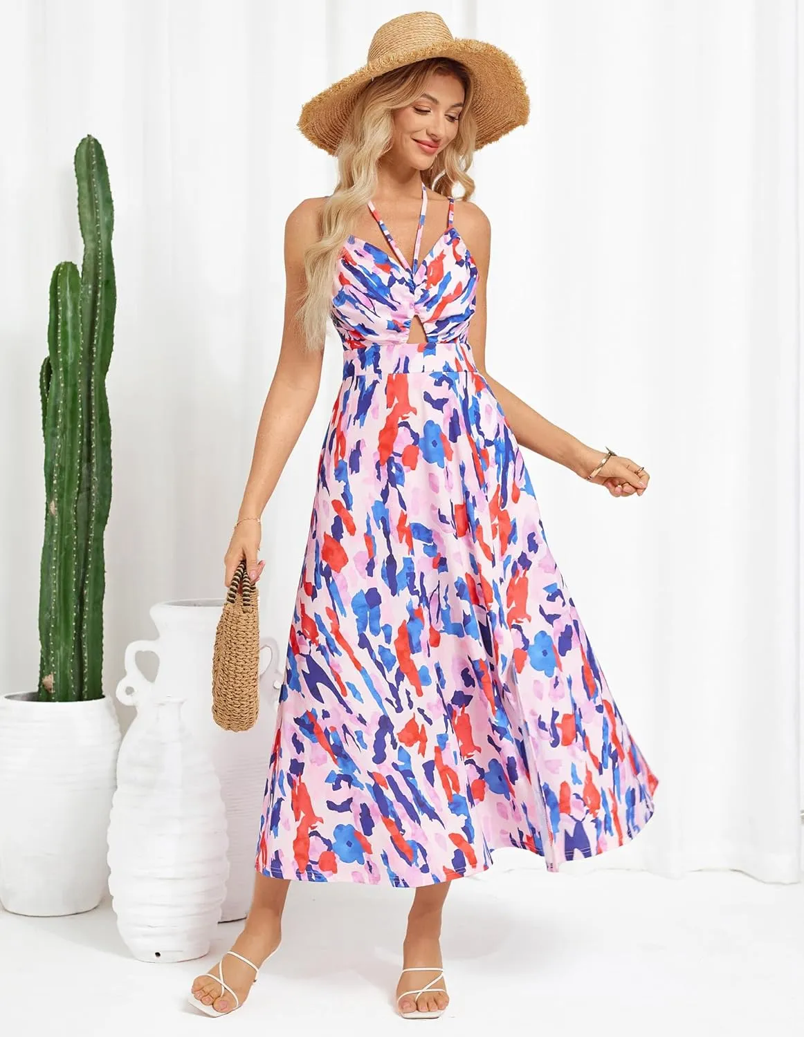 GRACE KARIN Womens 2025 Summer Beach Dress Boho Floral Dresses Spaghetti Strap V Neck Flowy Maxi Long Sundress with Pockets