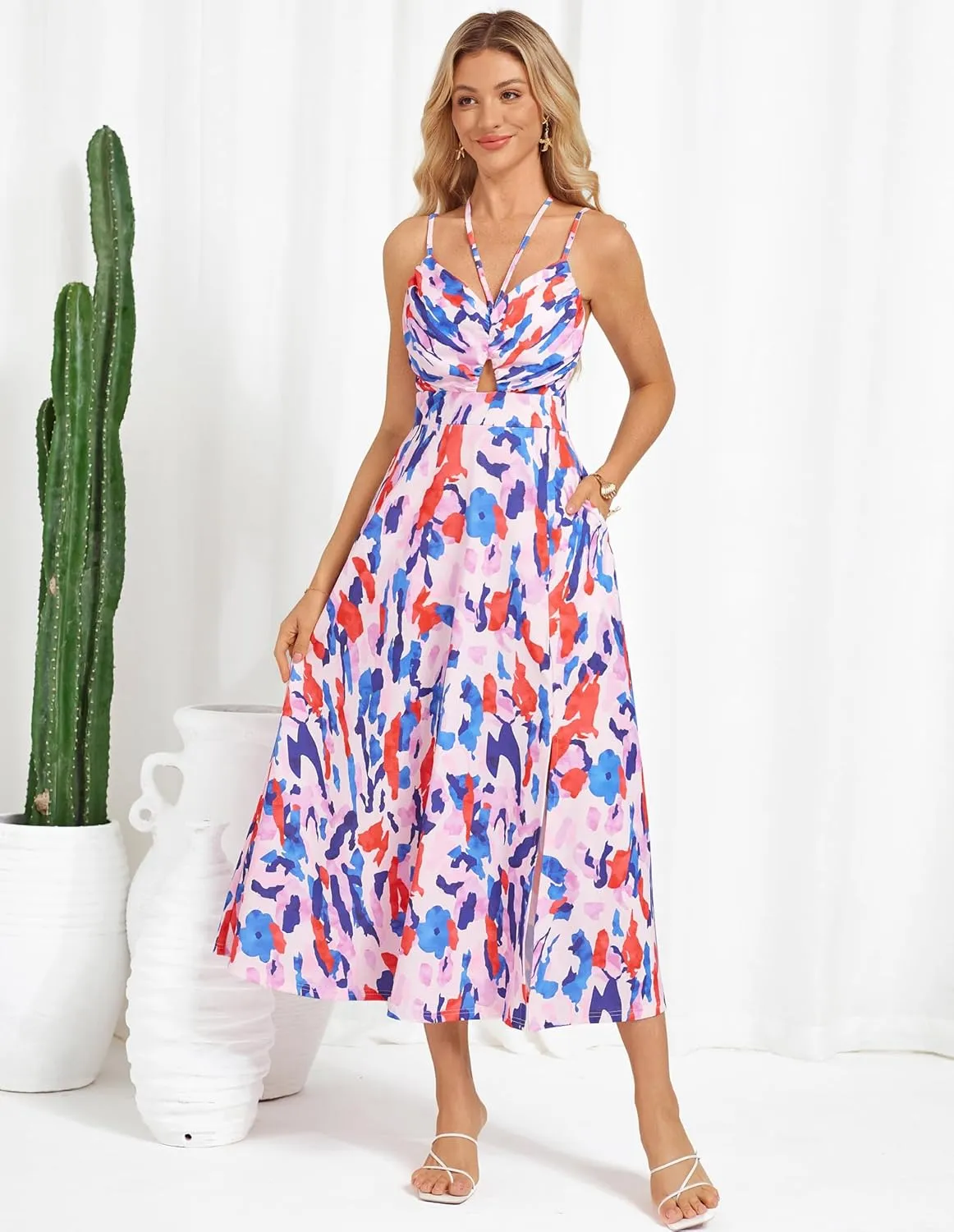 GRACE KARIN Womens 2025 Summer Beach Dress Boho Floral Dresses Spaghetti Strap V Neck Flowy Maxi Long Sundress with Pockets