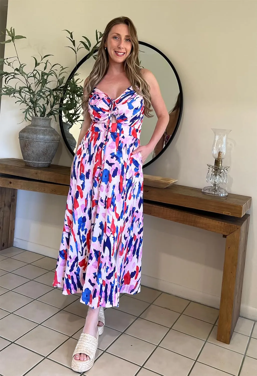 GRACE KARIN Womens 2025 Summer Beach Dress Boho Floral Dresses Spaghetti Strap V Neck Flowy Maxi Long Sundress with Pockets