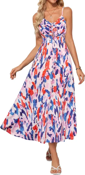 GRACE KARIN Womens 2025 Summer Beach Dress Boho Floral Dresses Spaghetti Strap V Neck Flowy Maxi Long Sundress with Pockets
