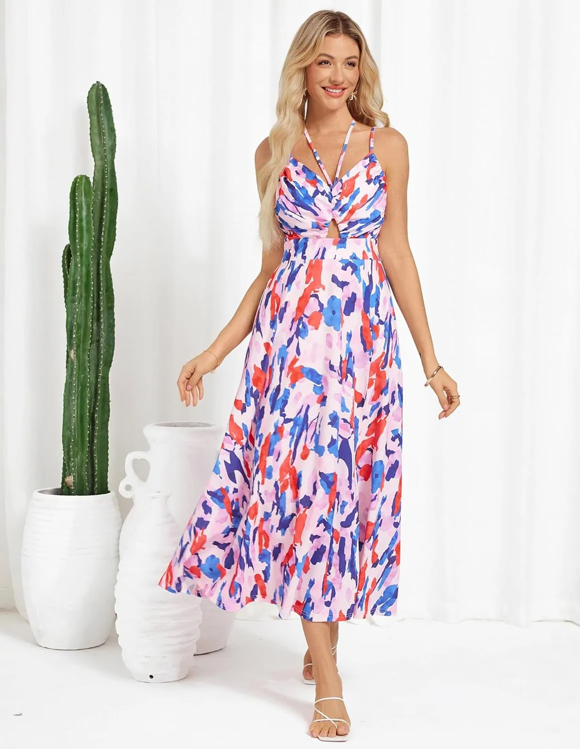 GRACE KARIN Womens 2025 Summer Beach Dress Boho Floral Dresses Spaghetti Strap V Neck Flowy Maxi Long Sundress with Pockets