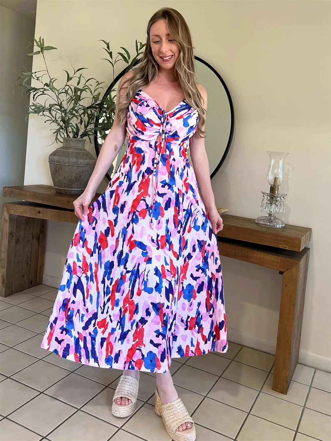 GRACE KARIN Womens 2025 Summer Beach Dress Boho Floral Dresses Spaghetti Strap V Neck Flowy Maxi Long Sundress with Pockets