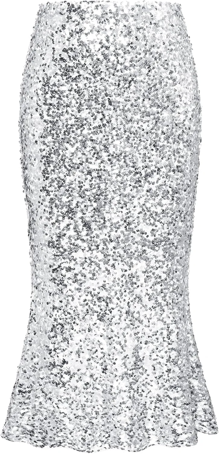 GRACE KARIN Women's Sequin Skirt Elastic High Waist Ruffled Hem Night Out Party Bodycon Midi Skirt