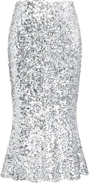GRACE KARIN Women's Sequin Skirt Elastic High Waist Ruffled Hem Night Out Party Bodycon Midi Skirt