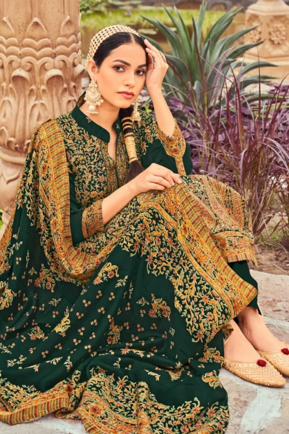 Green Colour Printed Woolen Unstitched Suit Fabric With Stole