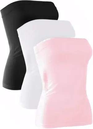 H HIAMIGOS 3 Pack Women's Strapless Cotton Long Tube Top Sleeveless Stretchy Cute Bandeau Tops Non Padded