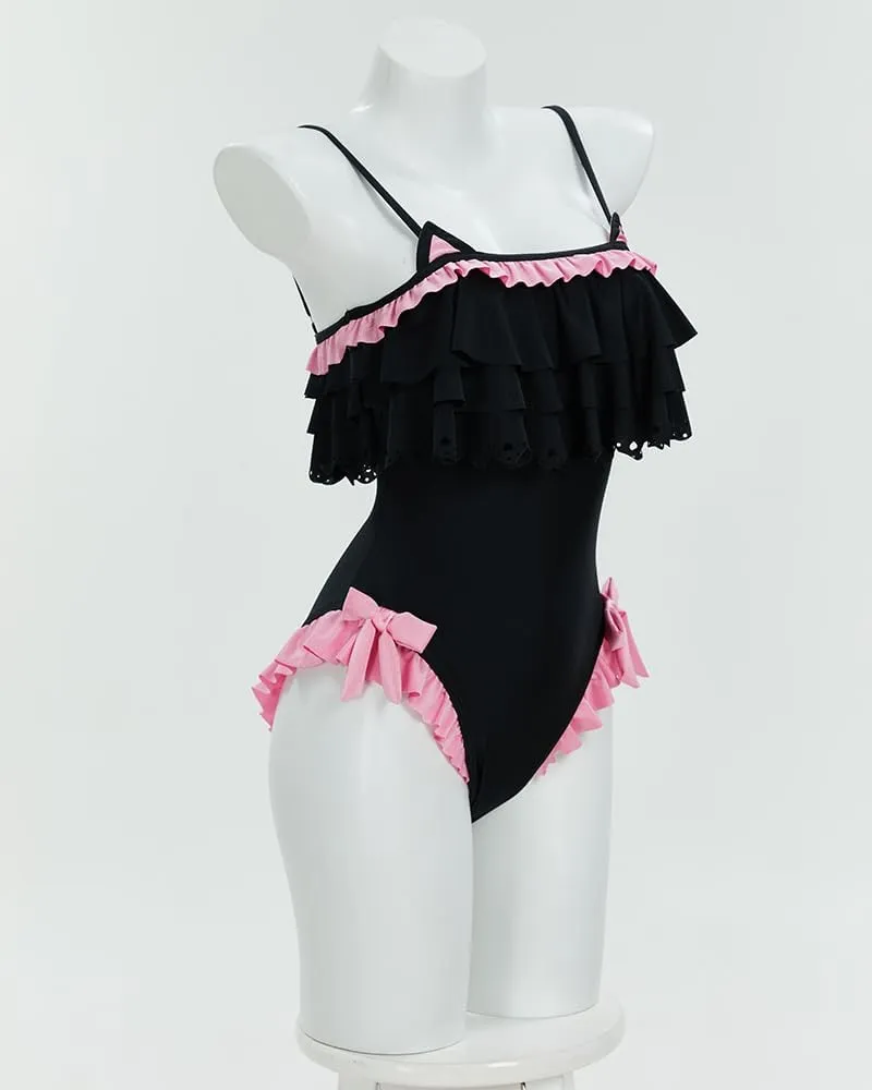 haikyuu Women Goth Cat Swimsuit Ruffle Flounce One Piece Swimsuit Tummy Control Bathing Suit
