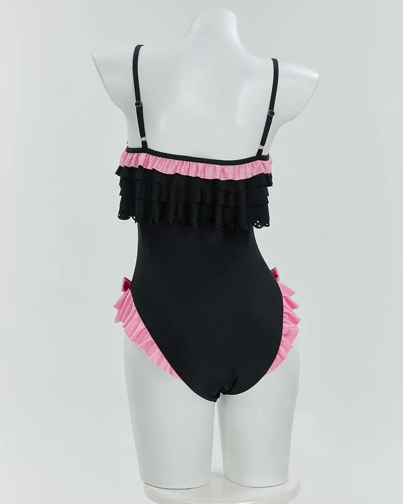 haikyuu Women Goth Cat Swimsuit Ruffle Flounce One Piece Swimsuit Tummy Control Bathing Suit