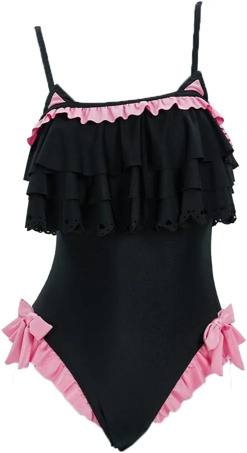 haikyuu Women Goth Cat Swimsuit Ruffle Flounce One Piece Swimsuit Tummy Control Bathing Suit