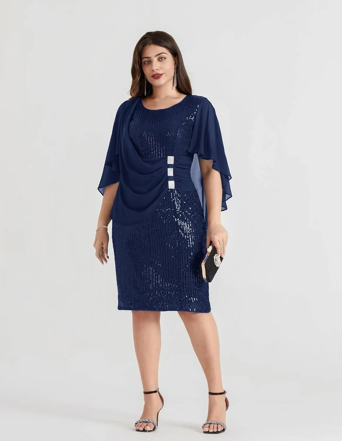 Hanna Nikole 2024 Womens Sequin Party Dress Plus Size Chiffon Cape Sleeve Cocktail Midi Dress