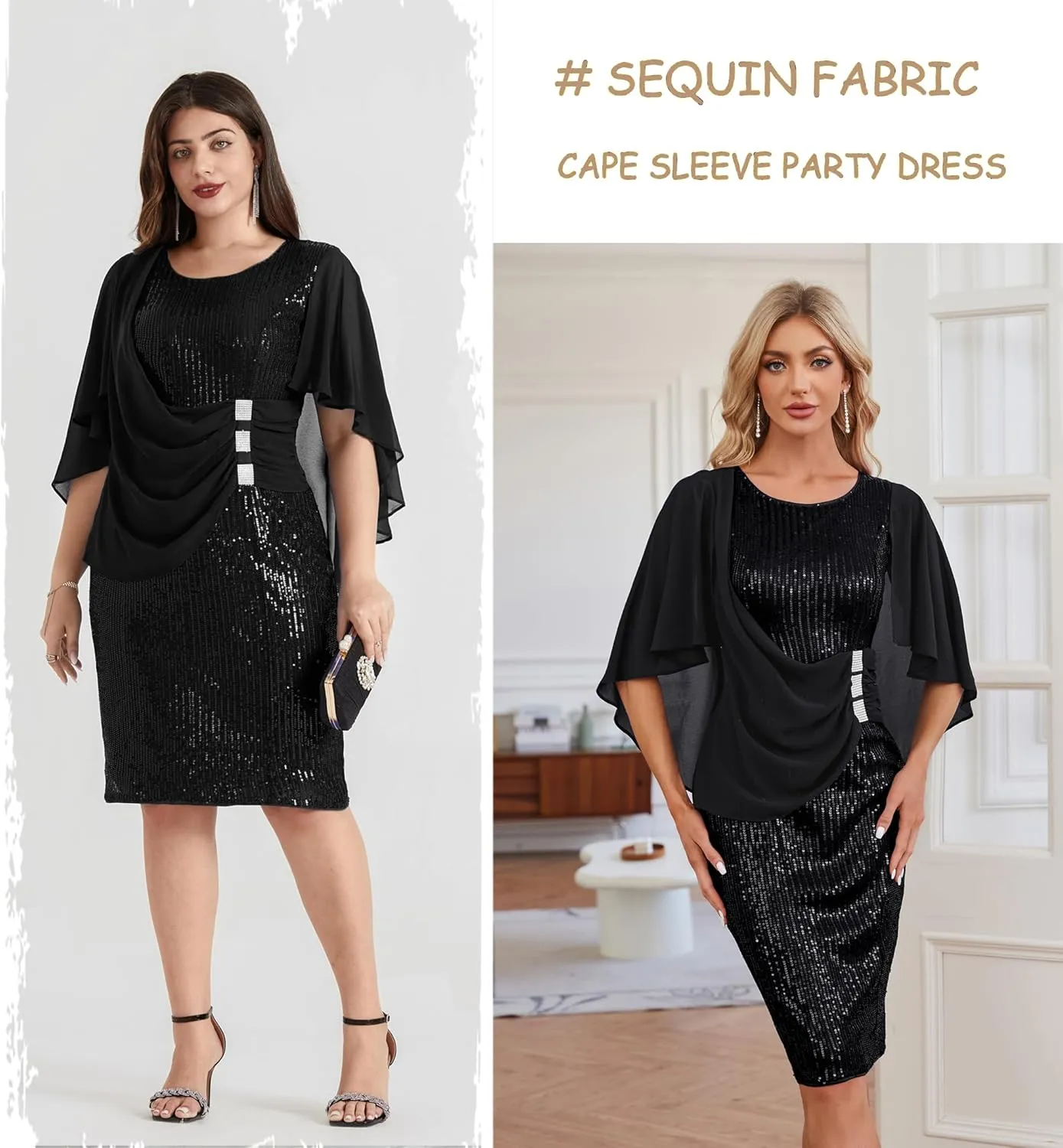 Hanna Nikole 2024 Womens Sequin Party Dress Plus Size Chiffon Cape Sleeve Cocktail Midi Dress