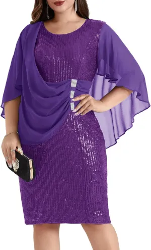 Hanna Nikole 2024 Womens Sequin Party Dress Plus Size Chiffon Cape Sleeve Cocktail Midi Dress