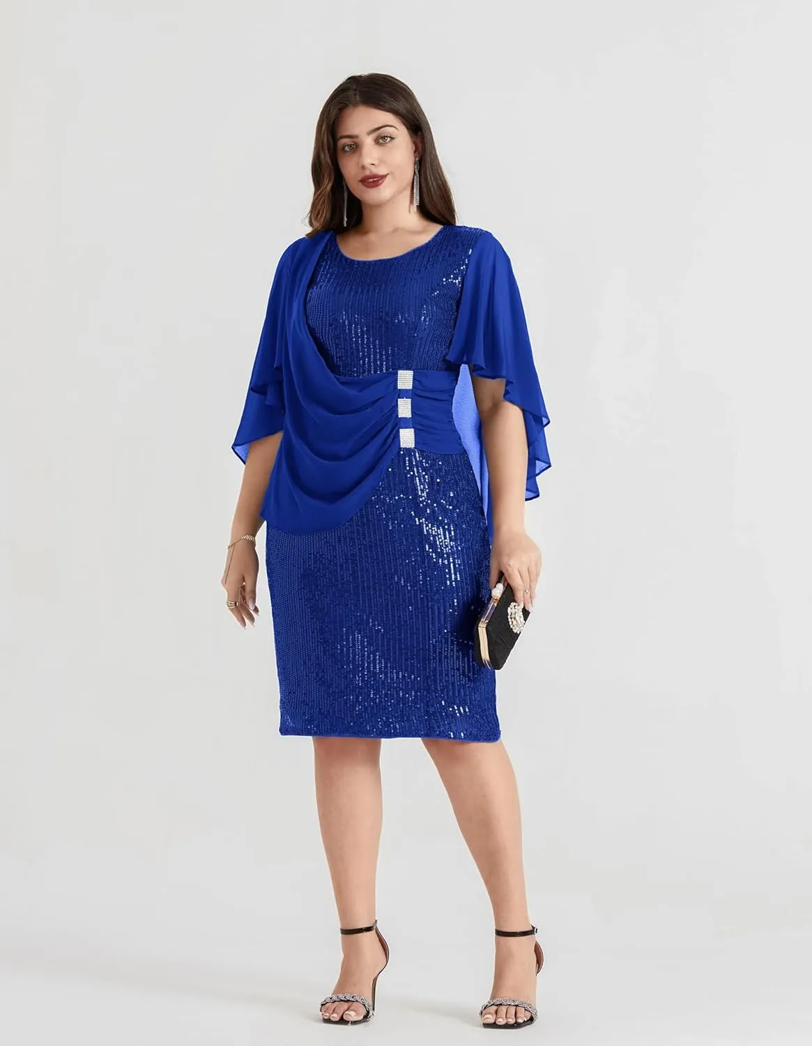 Hanna Nikole 2024 Womens Sequin Party Dress Plus Size Chiffon Cape Sleeve Cocktail Midi Dress